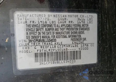 2020 Nissan Kicks S z USA, uszkodzony, nr VIN 3N1CP5BV8LL534033